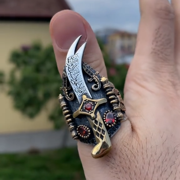 خاتم مصنوع يدويًا من الفضة الإسترلينية عيار 925 على شكل تمثال مسجد فيروزي