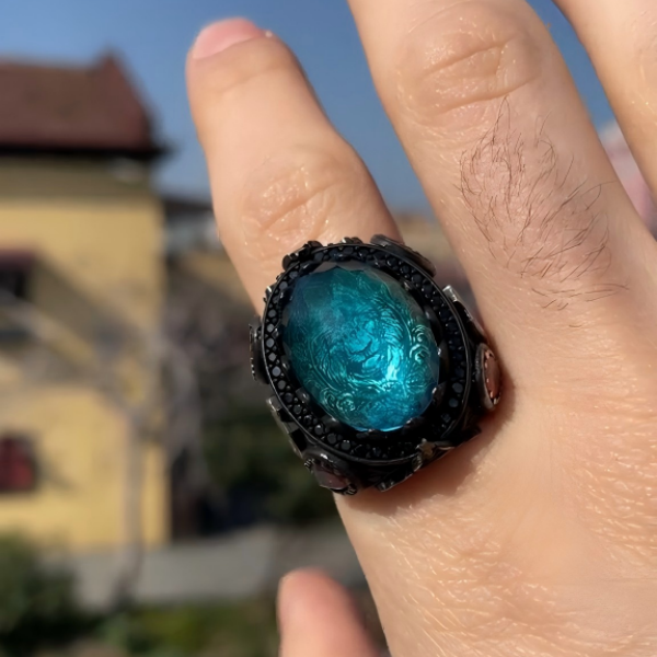 خاتم مصنوع يدويًا من الفضة الإسترلينية عيار 925 على شكل تمثال مسجد فيروزي