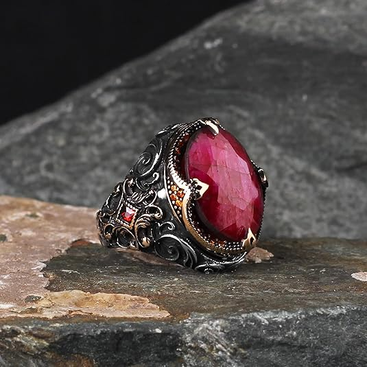 خاتم رجالي من الفضة الإسترلينية عيار 925 مرصع بأحجار كريمة، مصنوع يدويًا بأحجار كريمة طبيعية