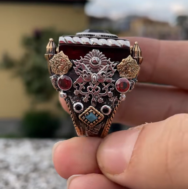خاتم رجالي من الفضة الإسترلينية عيار 925 مرصع بأحجار كريمة، مصنوع يدويًا بأحجار كريمة طبيعية